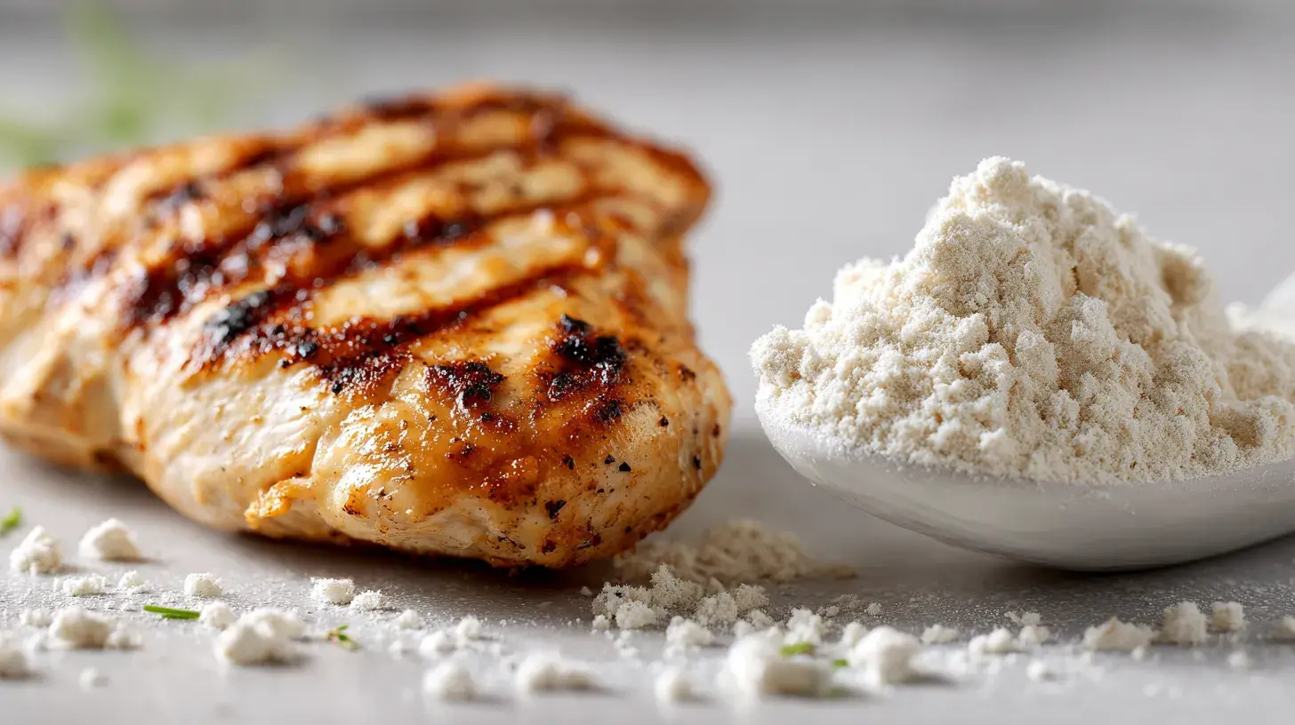 morceau de poulet pour représenter la protéine avec à coté une scoop de whey protéine comme complément protéine pour la sèche