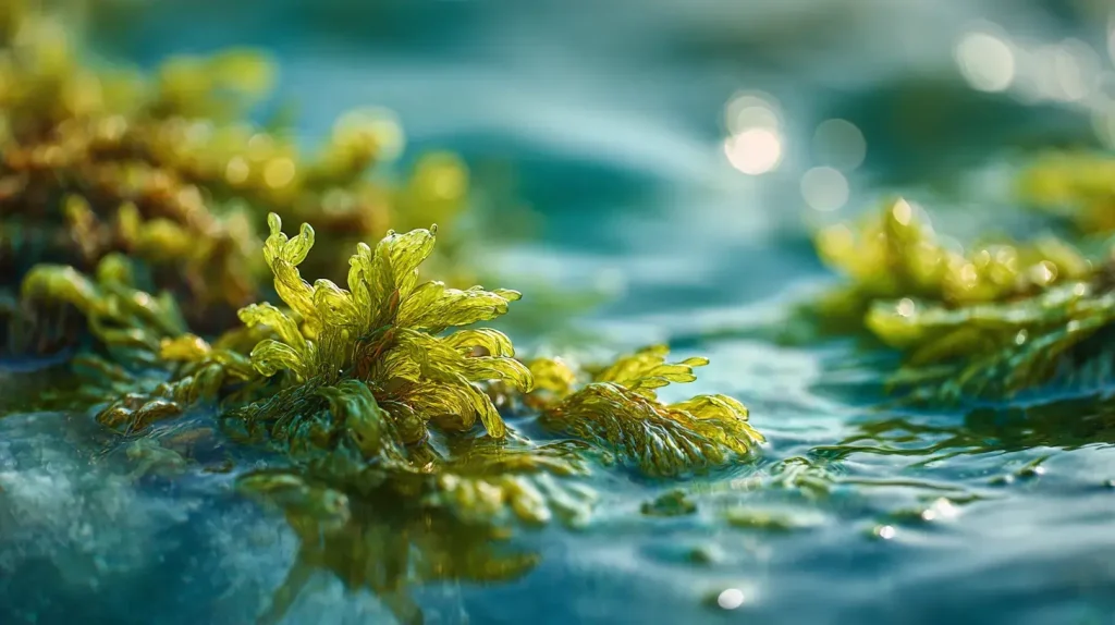 Spiruline sous forme brut avec image d'algue