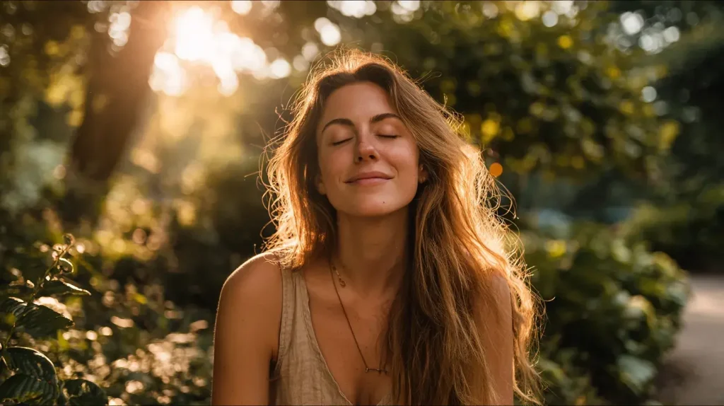 Femme qui consomme de l'aswagandha et se sent détendue, sans stress, réducrtion du cortisol