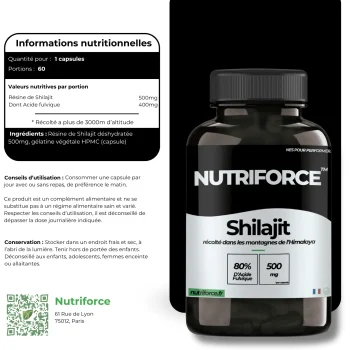 gélules vegan bio de Shilajit de l'himalaya avec 80% d'acide fulvique