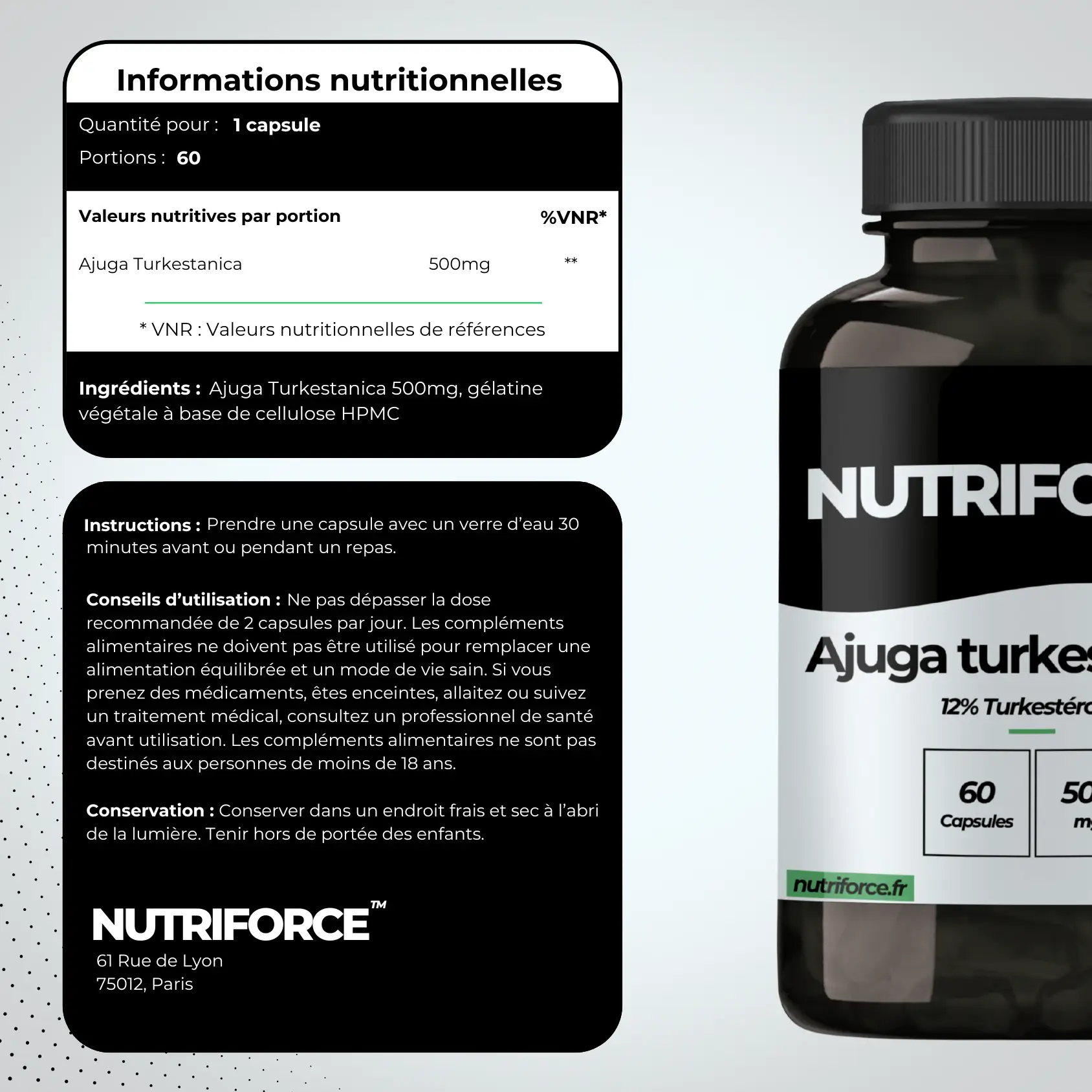 fiche nutritionnelle, origine et transparence de la turkstérone nutriforce avec avis clients.