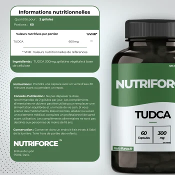 Fiche nutritionnelle du TUDCA Nutriforce disponible en pharmacie ou en livraison