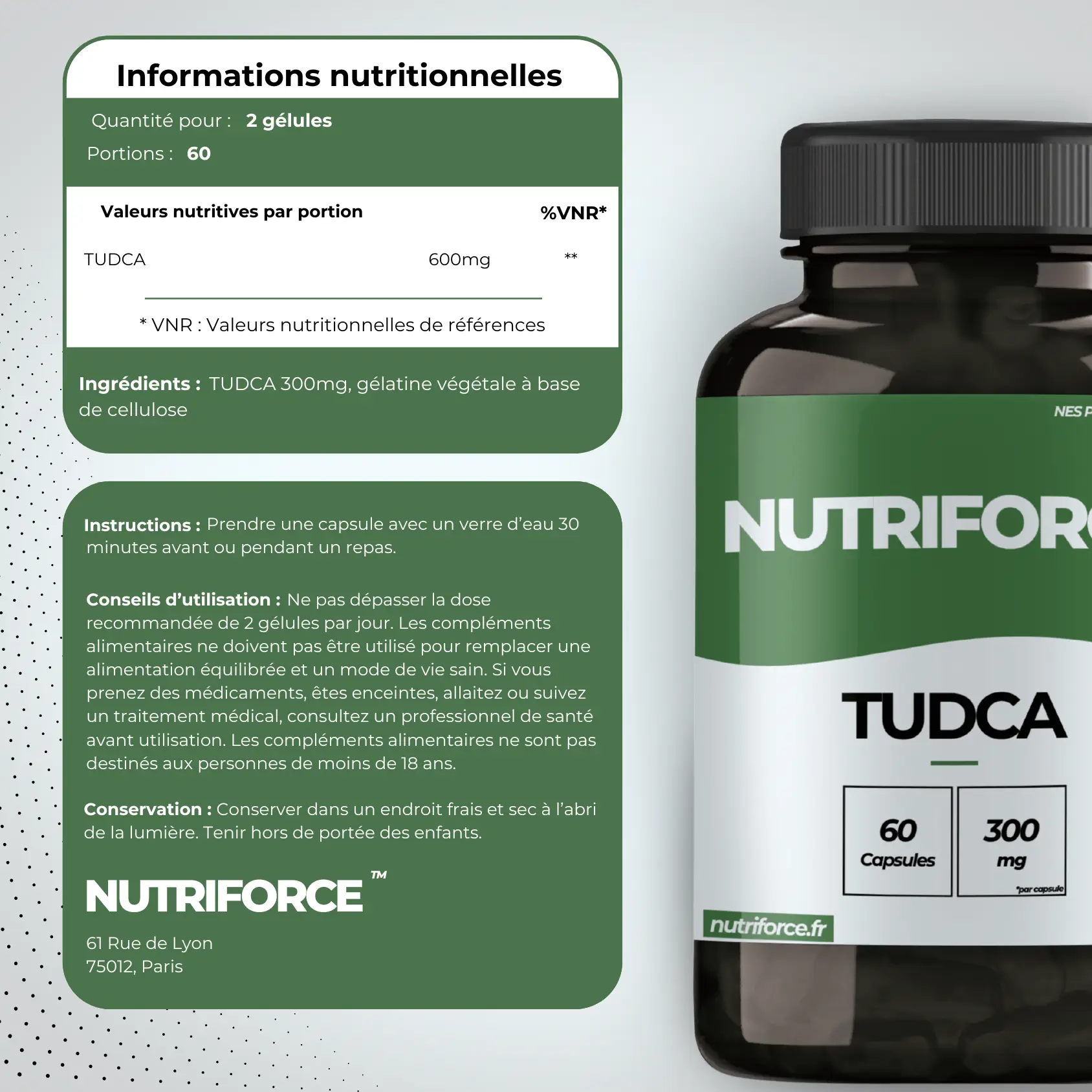 Fiche nutritionnelle du TUDCA Nutriforce disponible en pharmacie ou en livraison