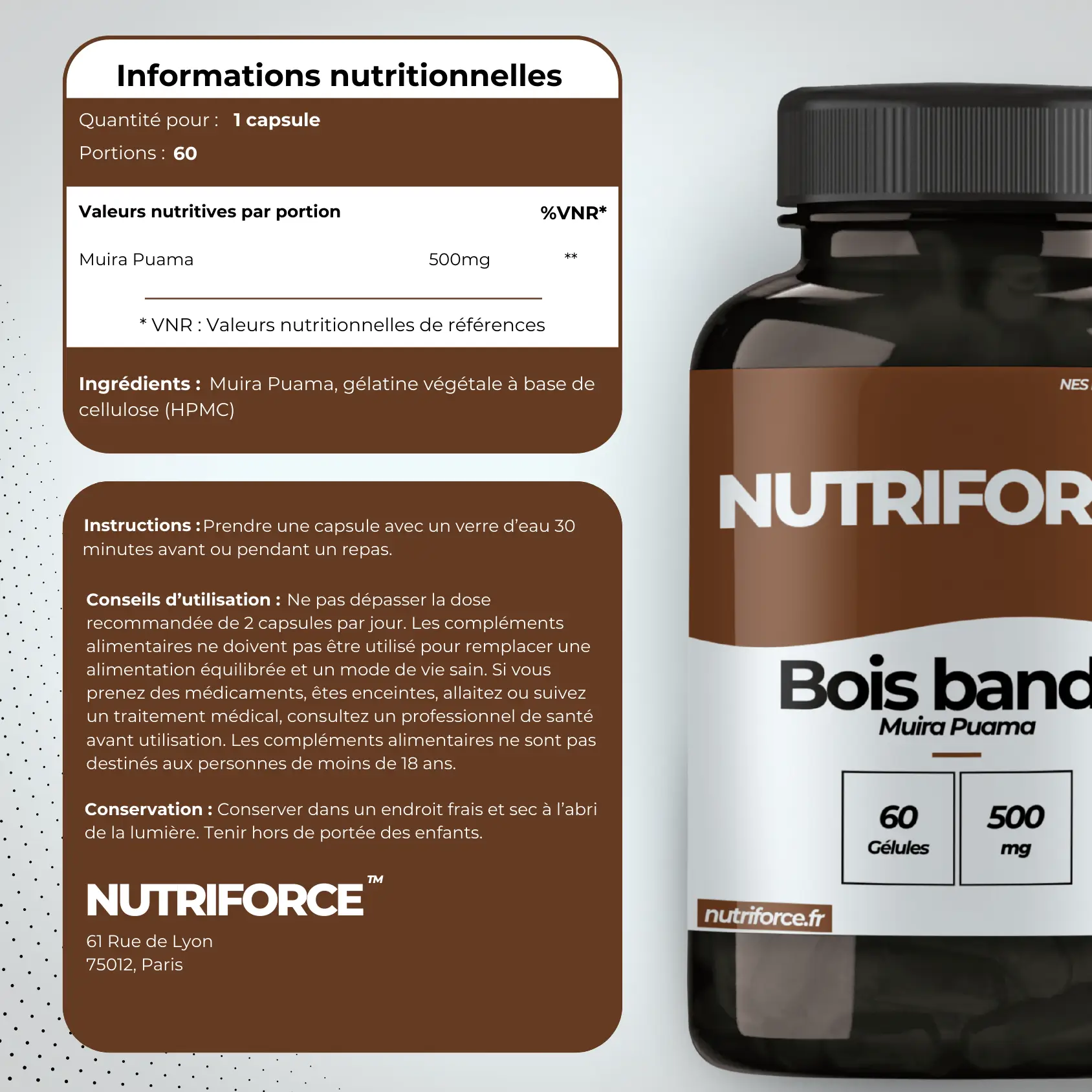 fiche de provenance, transparence, origine et qualité nutritionnelle du bois bandé nutriforce, le vrai muira puama