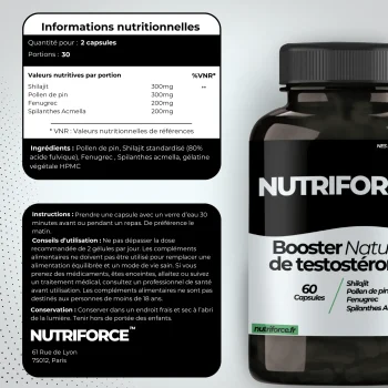 fiche nutritionnelle, transparence et origine du booster de testostérone nutriforce