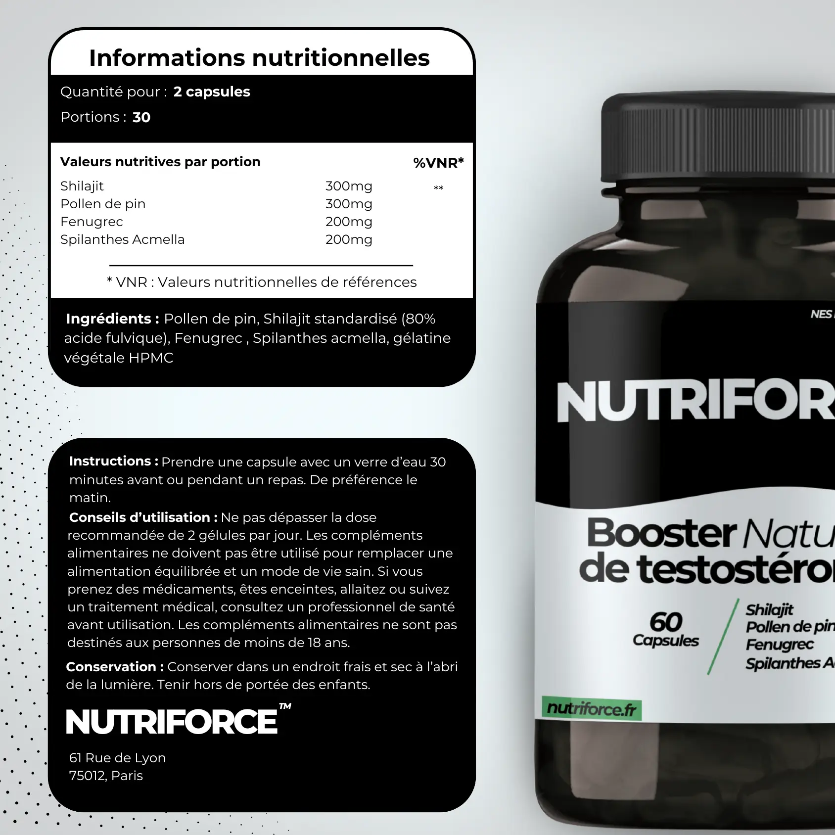 fiche nutritionnelle, transparence et origine du booster de testostérone nutriforce