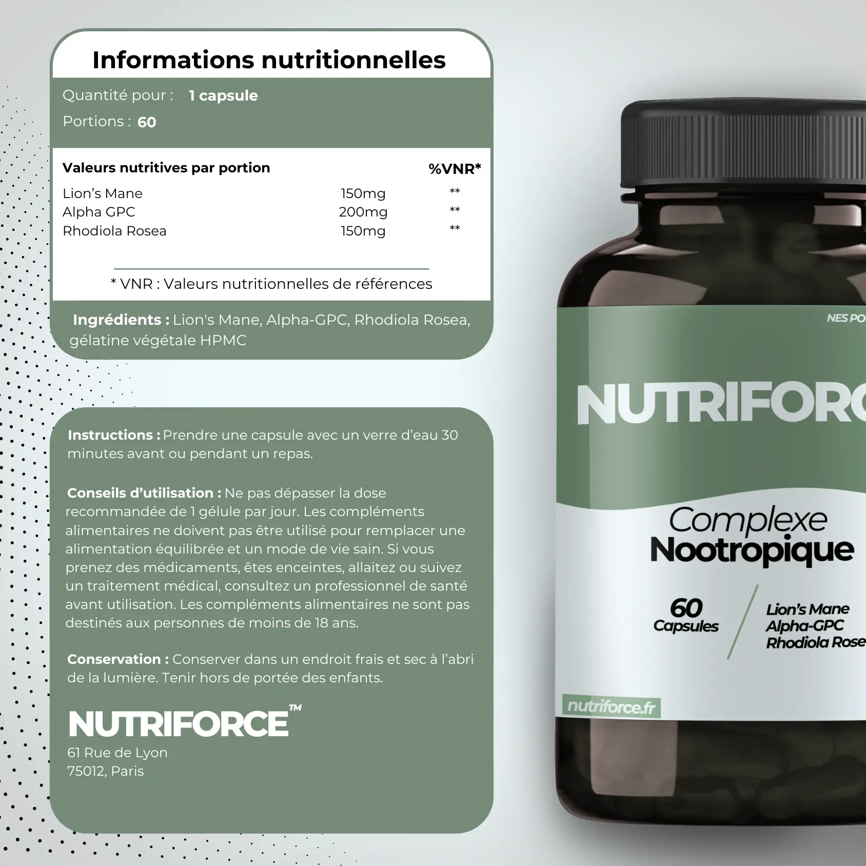 fiche nutritionnelle du complexe nootropique naturel de nutriforce, un condensé de nootropes naturels