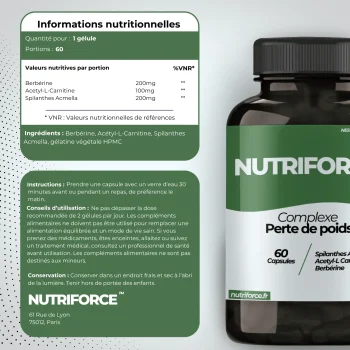 fiche nutritionnelle du complexe perte de poids nutriforce avec transparence et origine