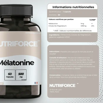 Complément alimentaire pour le sommeil, gélules de mélatonine, pharmacie, avec traçabilité