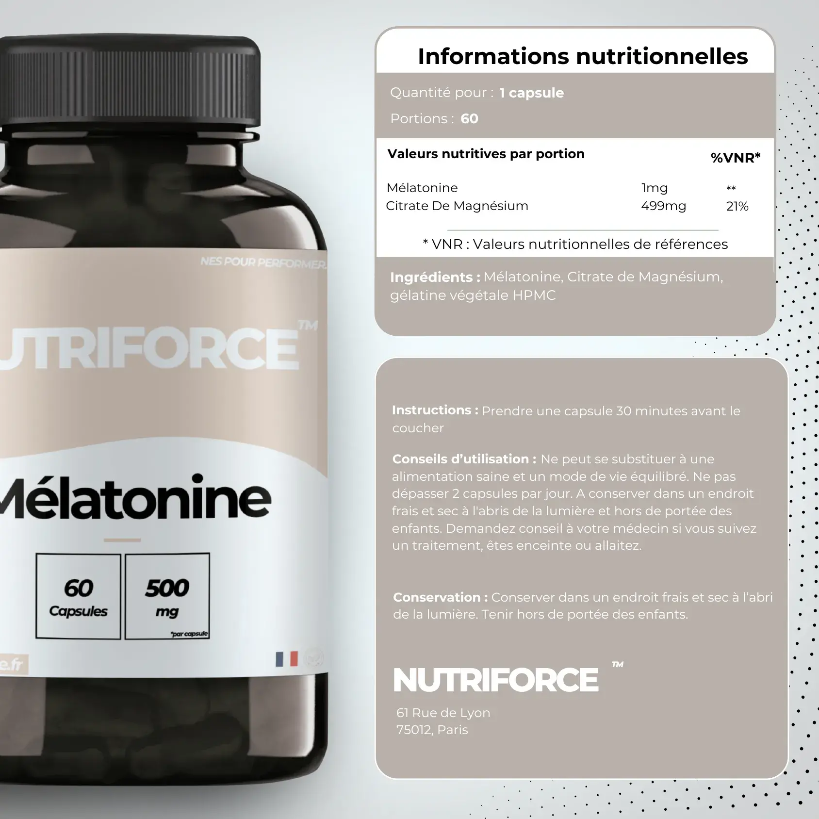 Complément alimentaire pour le sommeil, gélules de mélatonine, pharmacie, avec traçabilité