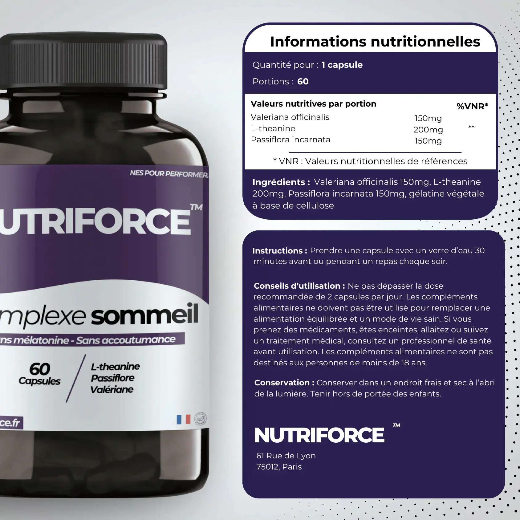 Complément alimentaire pour le sommeil, gélules de complexe sommeil, pharmacie, avec traçabilité